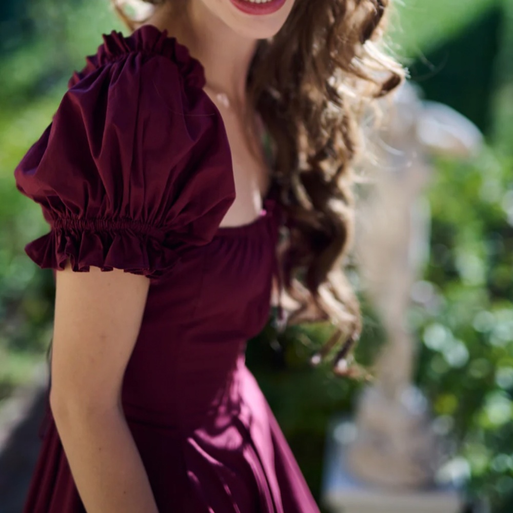 NEW Selkie The Bordeaux Foxglove Lace Up Midi Cotton Dress - Burgundy Wine Red - Picture 10 of 11